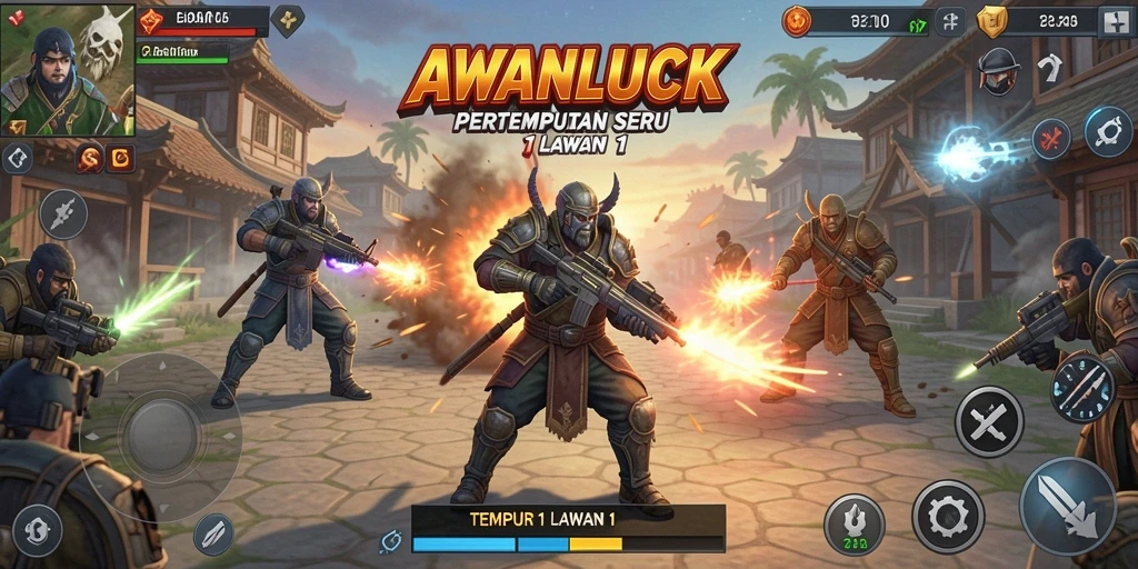 Antarmuka permainan AWANLUCK menampilkan aksi Tempur 1 Lawan 1 yang intens.