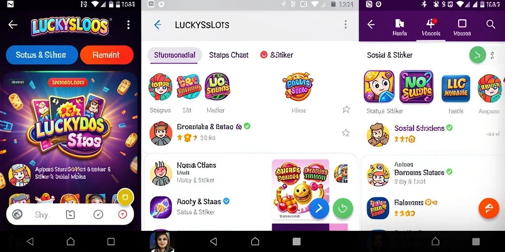 Screenshot antarmuka LUCKYSLOTS dengan stiker berwarna-warni.